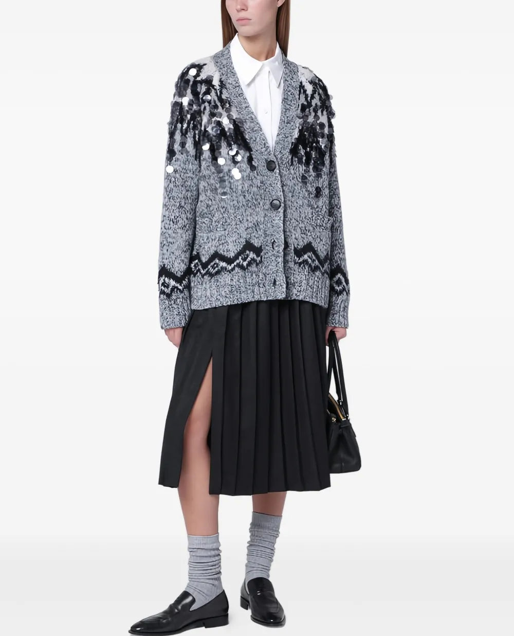 Cardigan Jacquard Paillettes Grigio